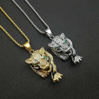 New Trendy Animal Tiger Shape Pendant Necklace Men's Necklace Fashion Bohemian Crystal Inlaid Pendant Accessories Party Jewelry