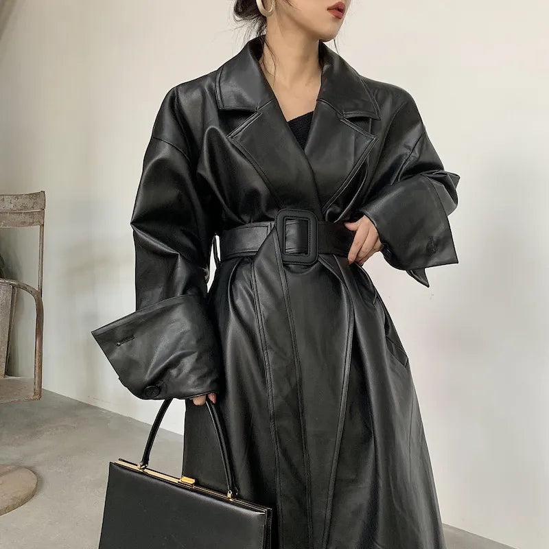 Trench-coat en cuir surdimensionné pour femmes, manches longues, revers, coupe ample, élégant, noir, vêtements streetwear pour femmes