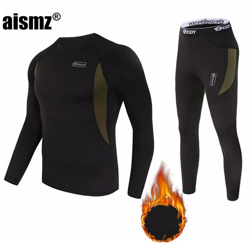 Aismz winter Top quality New thermal underwear men compression fleece sweat quick drying thermo underwear sets men clothing