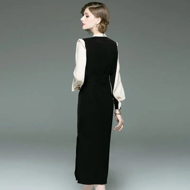 autumn new classic contrast color slim dress round neck long sleeve OL commuter long dresses step female