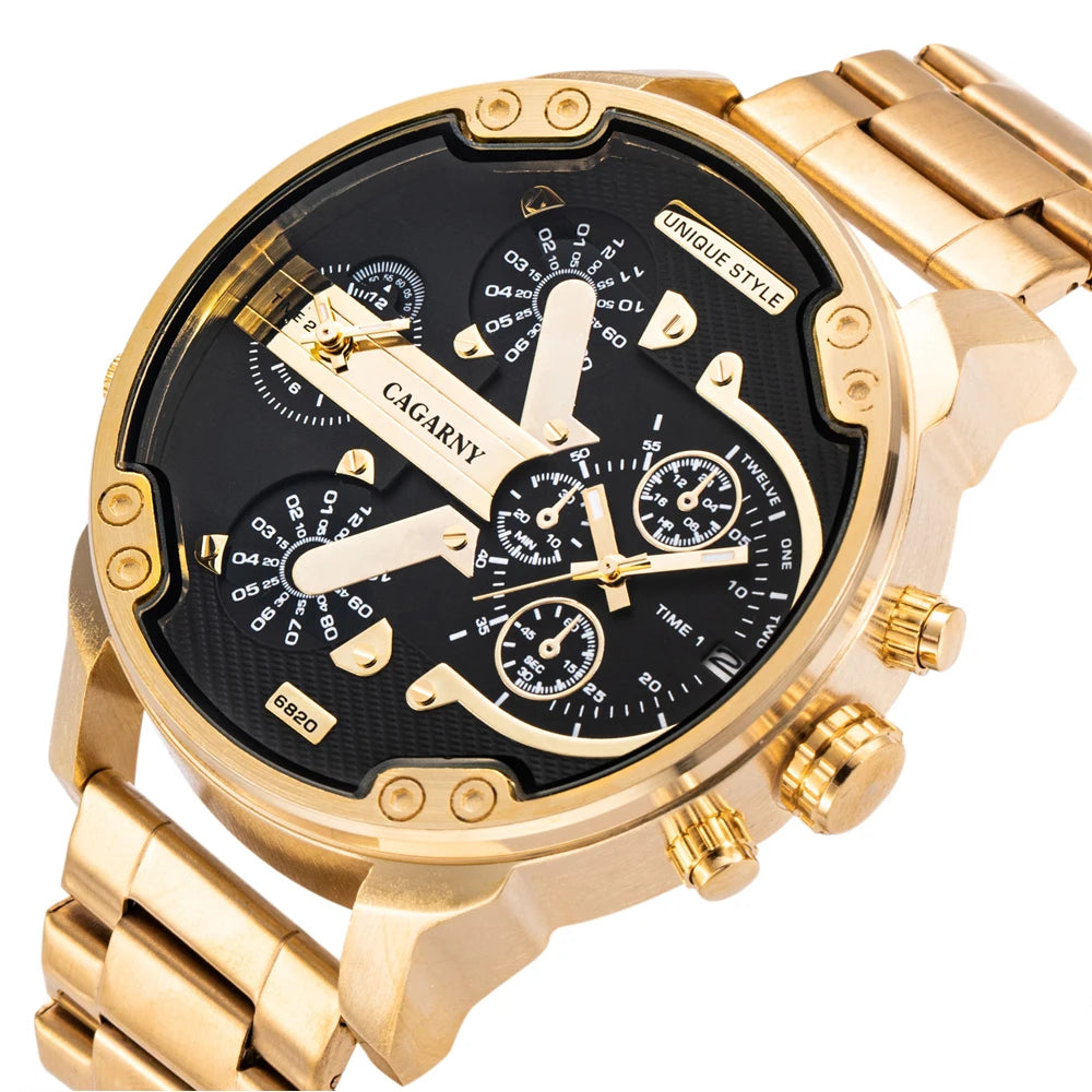 Heta mode herrklockor Toppmärke Lyx Cagarny Dual Display Military Relogio Masculino Gold Steel Quartz Watch Herr Man Klocka