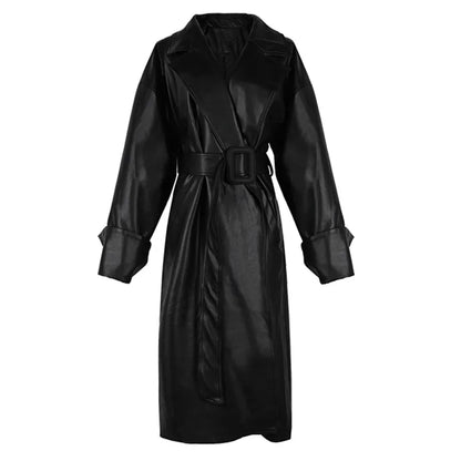 Trench-coat en cuir surdimensionné pour femmes, manches longues, revers, coupe ample, élégant, noir, vêtements streetwear pour femmes