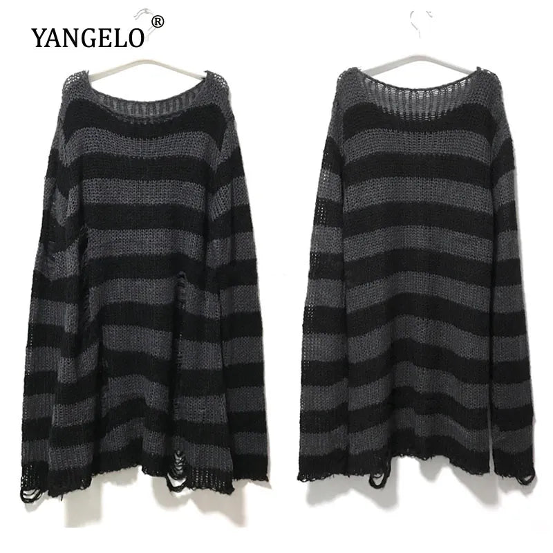 Punk Gothic Long Unisex Sweater Women Striped Cool Hollow Out Hole Broken Jumper Loose Rock Thin Dark Streetwear Top