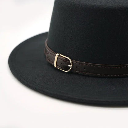 Nouveau rétro hiver automne femmes hommes chapeau haut-de-forme Imitation laine feutre Fedora chapeaux boucle de ceinture décoré dames plaisancier chapeau à bord plat