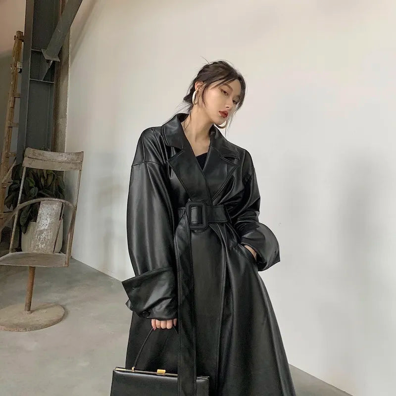 Long oversized leather trench coat for women long sleeve lapel loose fit Fall Stylish black women clothing streetwear