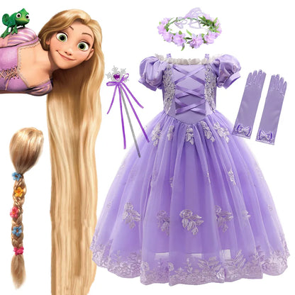 Disney Princess Rapunzel Christmas Halloween Tangled Costume Kids Birthday Lace Off Shoulder Girls Sofia Dress Up JYF