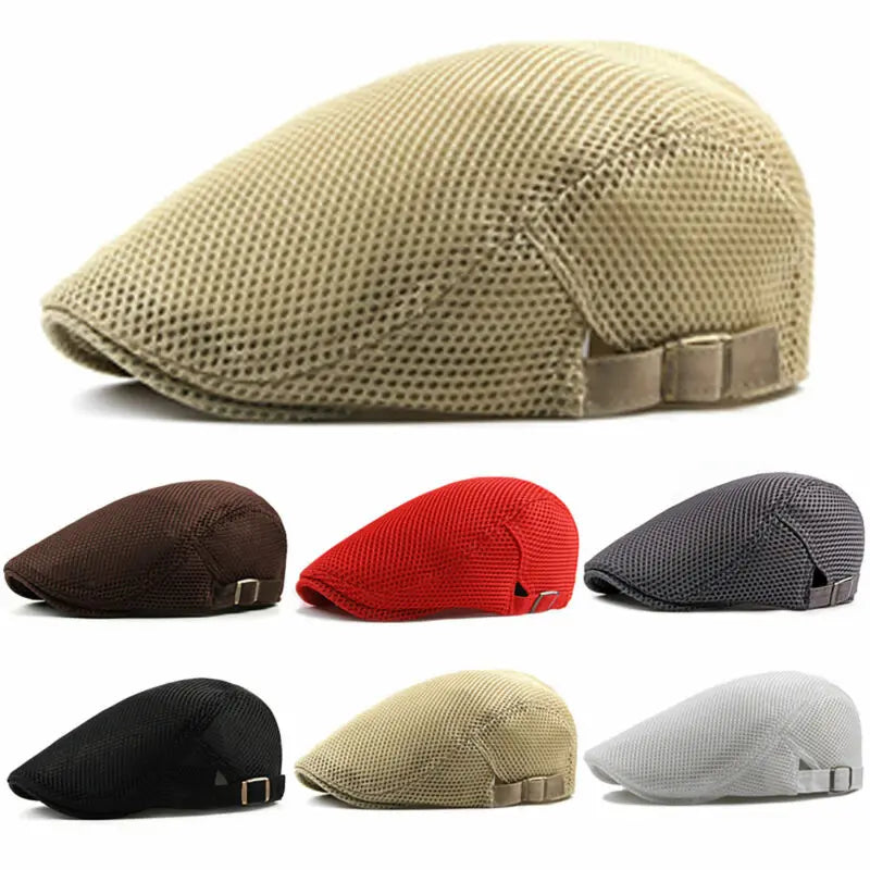 Sommar Män Newsboy andas Keps Hatt Mesh Cabbie Golf Körning Sol Flat Basker Svart Vit Grå Beige Hattar Kepsar Visir