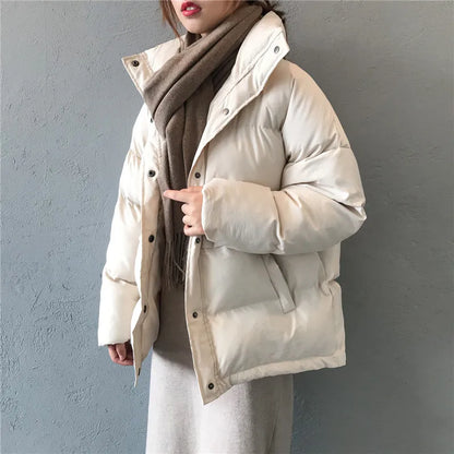 fashion solid women's winter down jacket stand collar short single-breasted coat preppy style parka ladies chic outwear