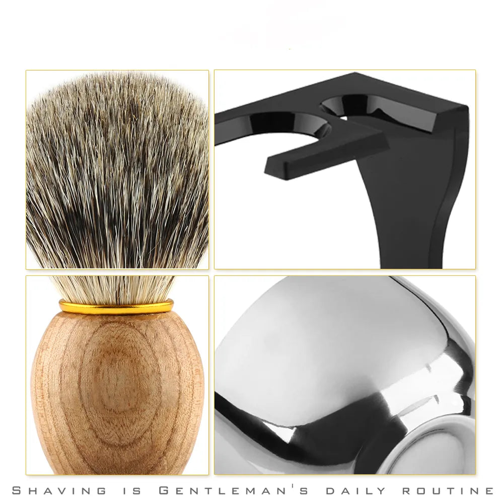 Barber Shaving Brush Wood Handle Black Acrylic Stand+bowl+Soap Set