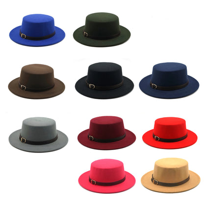 Nouveau rétro hiver automne femmes hommes chapeau haut-de-forme Imitation laine feutre Fedora chapeaux boucle de ceinture décoré dames plaisancier chapeau à bord plat