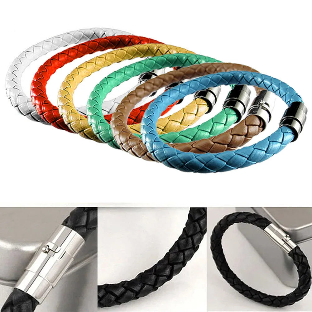 Simple Design Men's Leather Bracelet Multicolor Stainless Steel Button Bangle Women Men Wristbands Valentine's Day Jewelry Gift