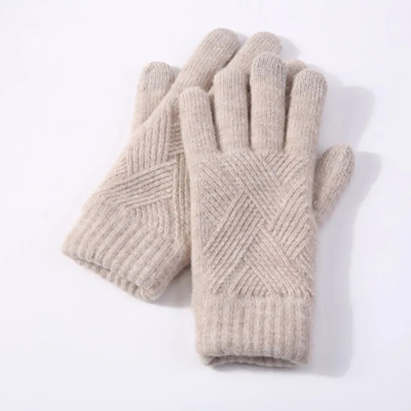 Female Winter Warm Knitted Full Finger Gloves Men Solid Woolen Touch Screen Mittens Women Thick Warm Cycling Driving Gloves