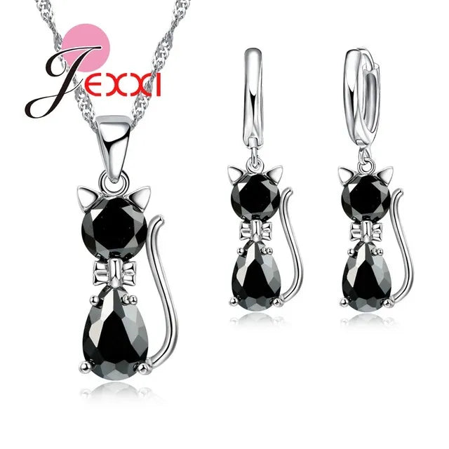 925 Sterling Silver Shiny Cubic Zirconia Cat Kitty Necklace Hoop Earrings