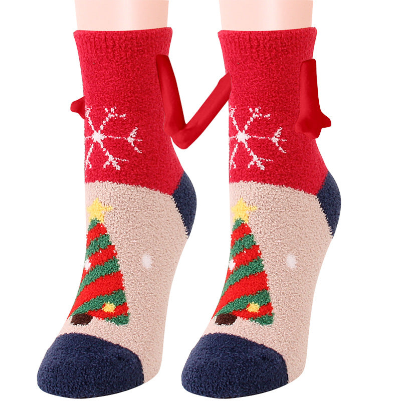 Fournitures de Noël Aspiration magnétique main dans la main Couple chaussettes corail polaire Tube chaussettes chaud pantoufle lit chaussettes hiver doux chaud pantoufle