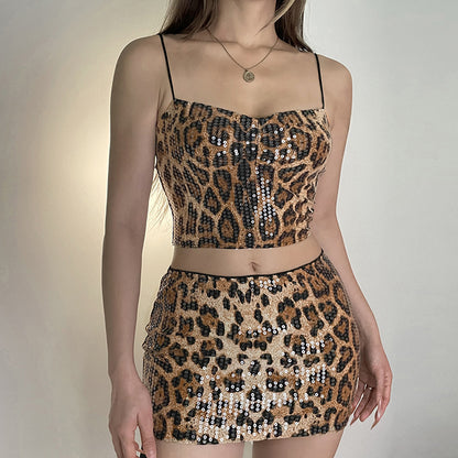 Women's Leopard Print Sequin Hip Skirt - Stretch Knit Design
