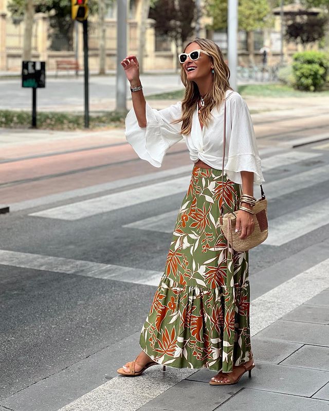 Professional Female Print Holiday Casual Skirt - Polyester Vacation (Green, S-XXL, Socialite Long)