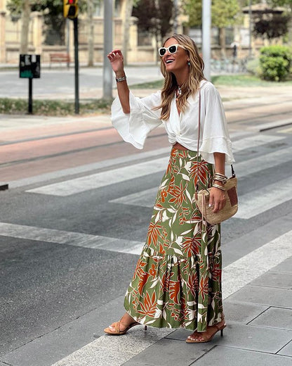 Professional Female Print Holiday Casual Skirt - Polyester Vacation (Green, S-XXL, Socialite Long)