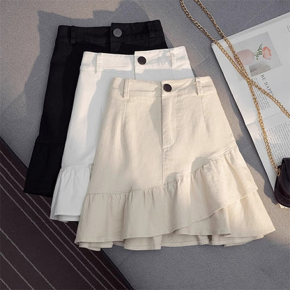 Professional Women's Elastic Waist Mid-Length Stitching Solid Skirt - Polyester A-Line (White/Yellow, S-L, Japanese Korean Casual)