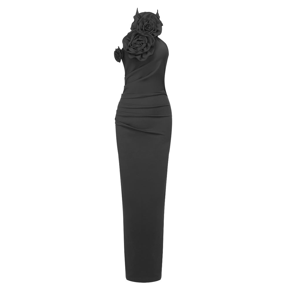 Ny modell Vitt band med blommig halterneck-lång klänning med hög sensuell stil