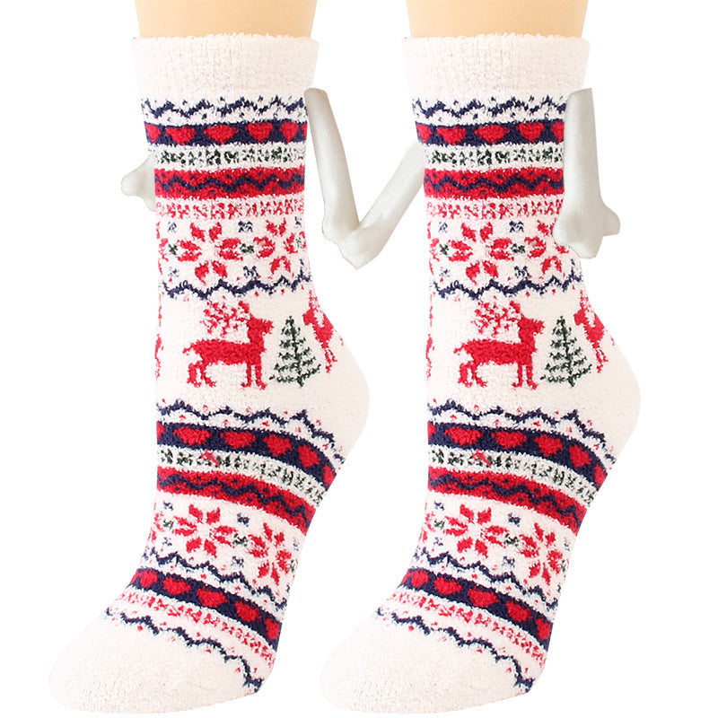 Fournitures de Noël Aspiration magnétique main dans la main Couple chaussettes corail polaire Tube chaussettes chaud pantoufle lit chaussettes hiver doux chaud pantoufle