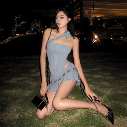 Spring New Women's Solid Color Slim-fitting Suspenders Vest Sexy Low Waist Pleated Skirt