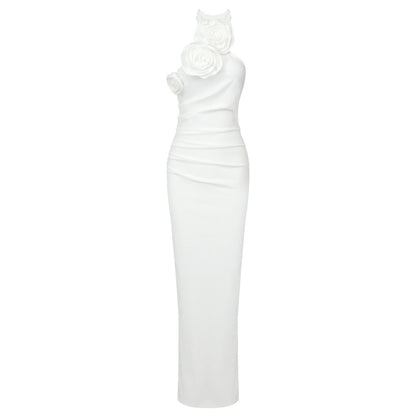 Ny modell Vitt band med blommig halterneck-lång klänning med hög sensuell stil