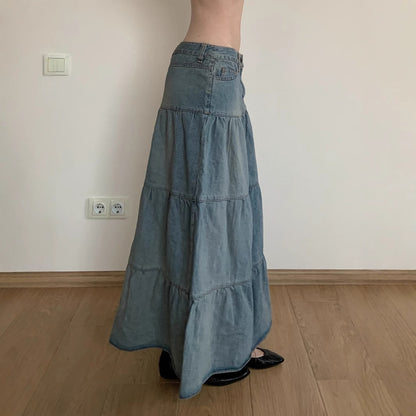 Holiday Fashion: Low Waist Denim Skirt - Cotton Flounced (Blue, S-L, Street Hipster)