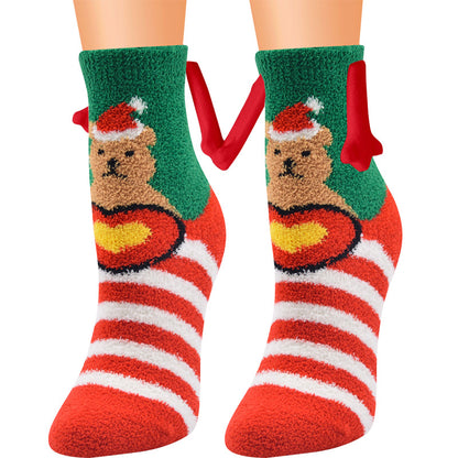 Fournitures de Noël Aspiration magnétique main dans la main Couple chaussettes corail polaire Tube chaussettes chaud pantoufle lit chaussettes hiver doux chaud pantoufle