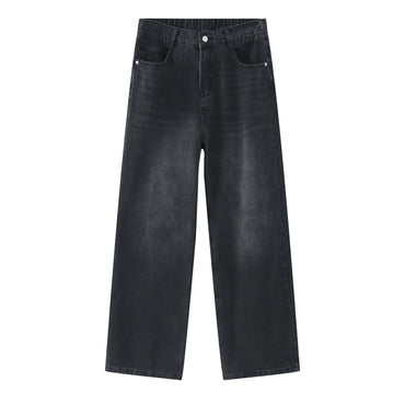 Korean Style Retro Half Elastic Waist Loose Straight Jeans Men's American Style