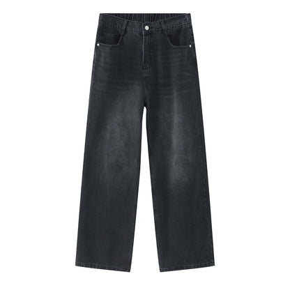 Korean Style Retro Half Elastic Waist Loose Straight Jeans Men's American Style
