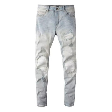 Hole  Patch Jeans Men's Fashion Brand Stretch Slim Fit Feet Washed All-matching