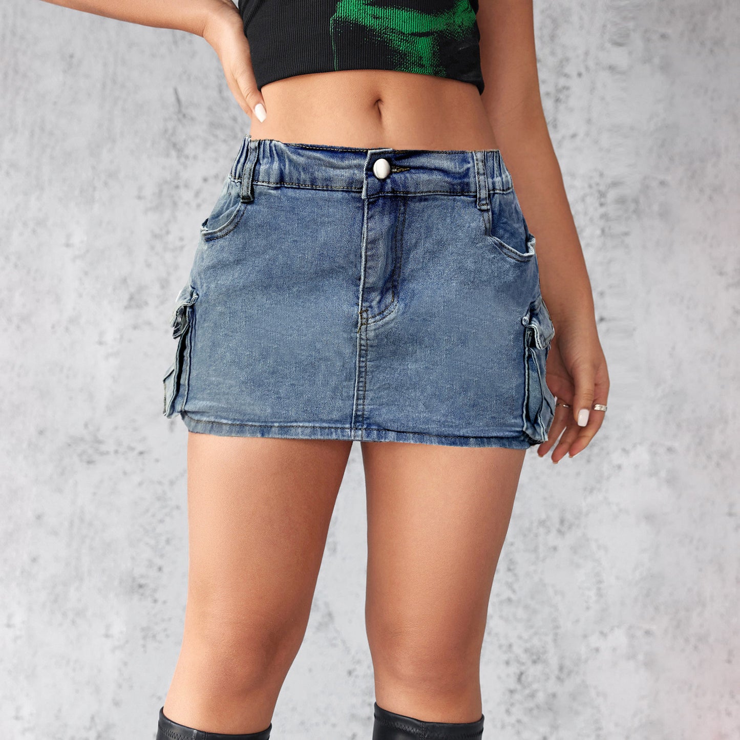 Women's Retro Denim Hip Skirt - Stretch Cotton Workwear with Pockets