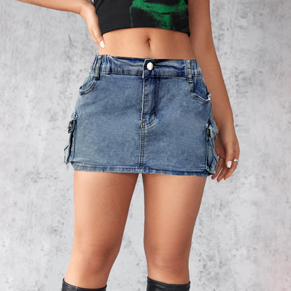 Women's Retro Denim Hip Skirt - Stretch Cotton Workwear with Pockets