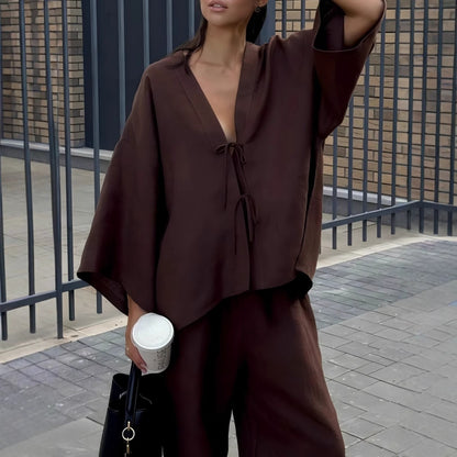 Casual Pure Cotton Tied Top Wide Leg Pants Suit