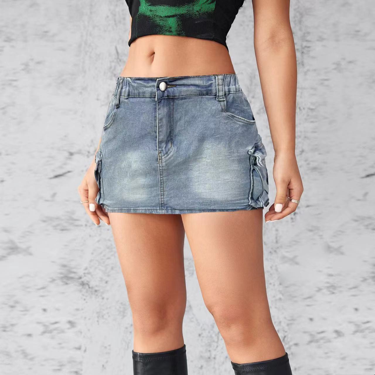 Women's Retro Denim Hip Skirt - Stretch Cotton Workwear with Pockets