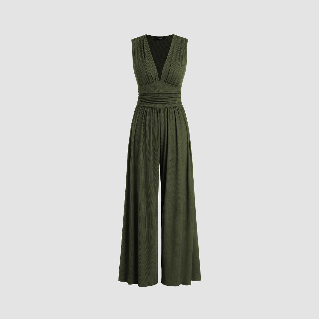 Stickad jumpsuit i enfärgad, lös ärmlös för kvinnor