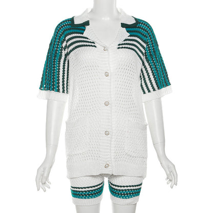 Sommarmode Urholkad Polokrage Topp Hög Midja Shorts Stickad Casual Kostym