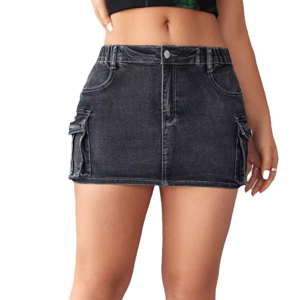 Women's Retro Denim Hip Skirt - Stretch Cotton Workwear with Pockets