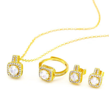 Mode smycken Set Zircon Gem Hänge Kedja Choker Halsband För Kvinnor Guld Färg Stud Örhänge Statement Vigselring