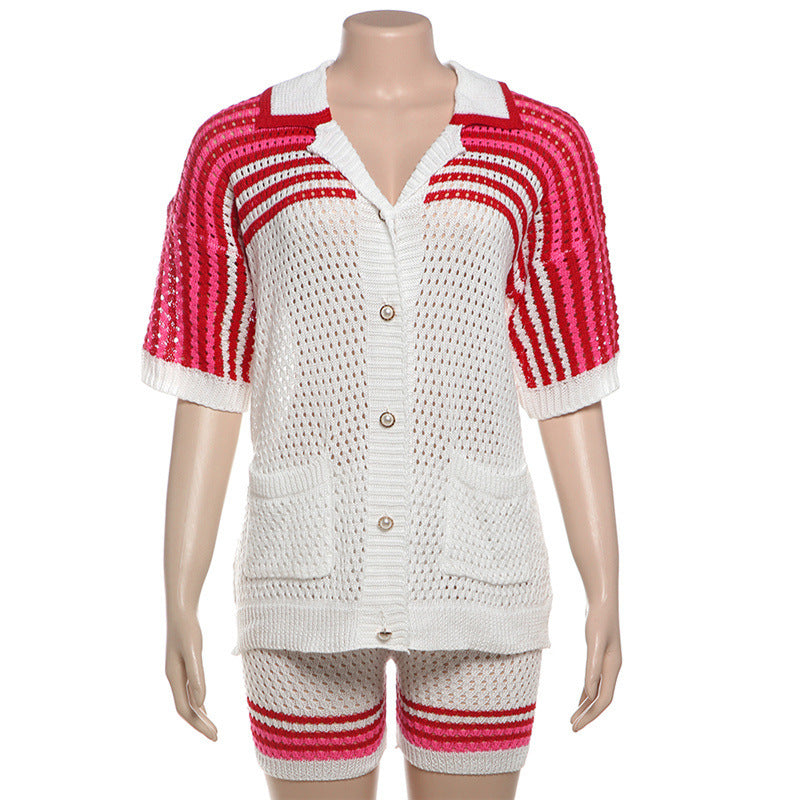 Sommarmode Urholkad Polokrage Topp Hög Midja Shorts Stickad Casual Kostym