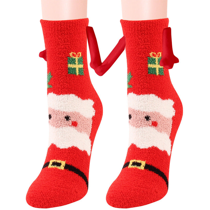 Fournitures de Noël Aspiration magnétique main dans la main Couple chaussettes corail polaire Tube chaussettes chaud pantoufle lit chaussettes hiver doux chaud pantoufle