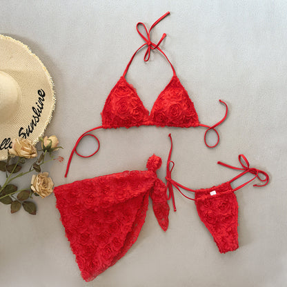 New Bikini Flower Three-piece Set Sexy Lace-up