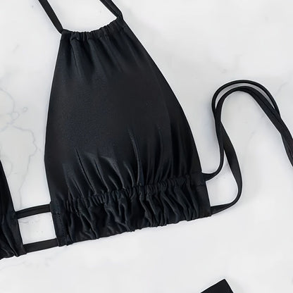 Women's Sexy Backless Lace Up Black Deep V Push Up Bikini
