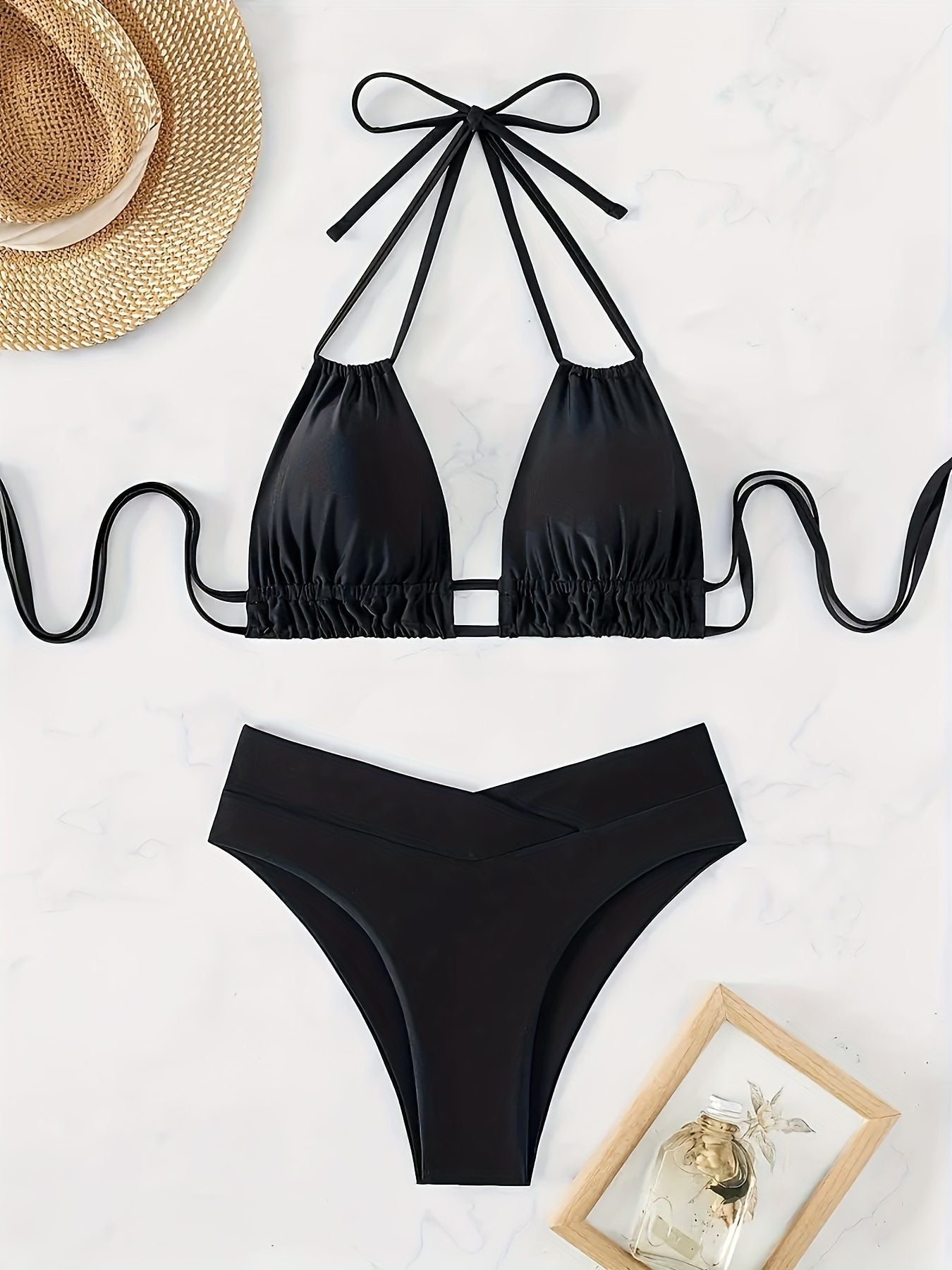 Women's Sexy Backless Lace Up Black Deep V Push Up Bikini