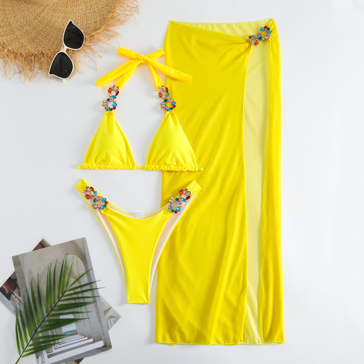 Light Diamond Solid Color Long Skirt Mesh Three Piece Swimsuit Bikini