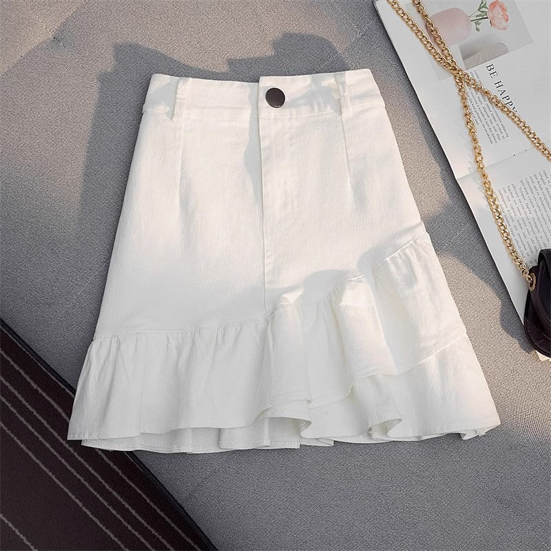 Professional Women's Elastic Waist Mid-Length Stitching Solid Skirt - Polyester A-Line (White/Yellow, S-L, Japanese Korean Casual)