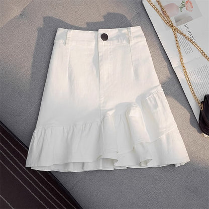 Professional Women's Elastic Waist Mid-Length Stitching Solid Skirt - Polyester A-Line (White/Yellow, S-L, Japanese Korean Casual)