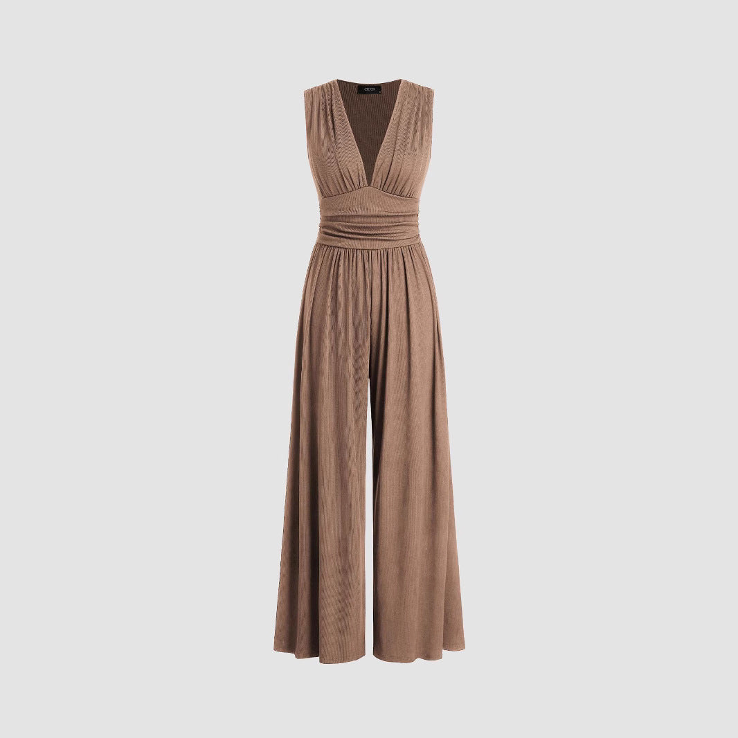 Stickad jumpsuit i enfärgad, lös ärmlös för kvinnor