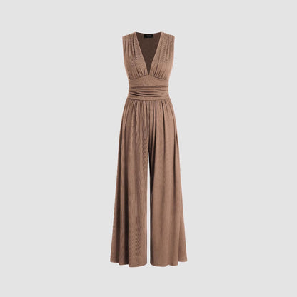 Stickad jumpsuit i enfärgad, lös ärmlös för kvinnor