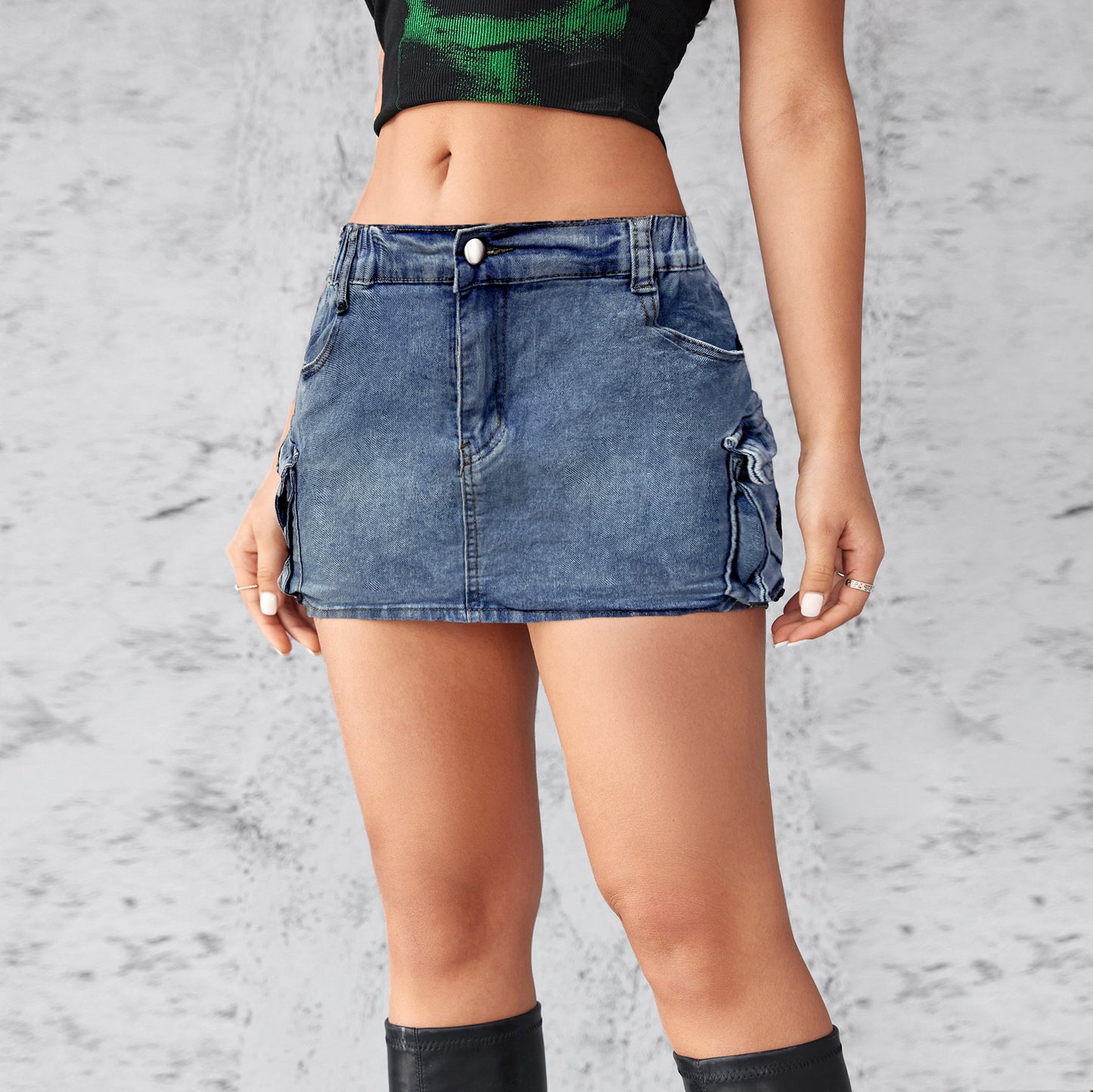Women's Retro Denim Hip Skirt - Stretch Cotton Workwear with Pockets